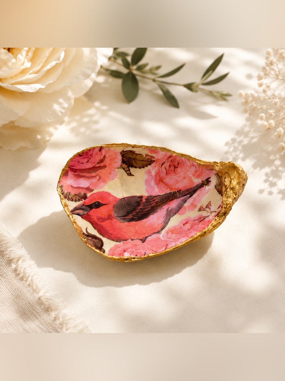 Bird Decorative Trinket Oyster Dish Made by me  with Gold Edge